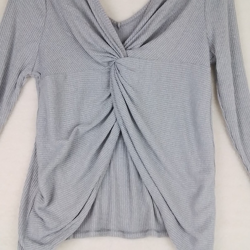 Soncy Ribbed Knit Sweater‎ Sz 10 Gray Oversized Stretchy V Neck Twist Open Back